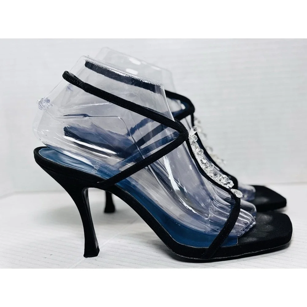 Vera Wang Strappy Crystal Heels Black Leather Made Italy 7.5 Embellished Blue